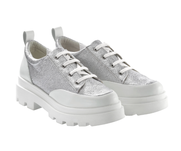 Damen Schuhe Plateau-Sneaker Leder weiß-silber Schnürung Gr 37 NEU Y7