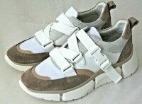 Damen Schuh Sneaker Weiß-Nude-Taupe Leder Textil...