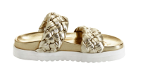 Damen Flecht-Pantolette Schuh Sandale Goldfarbe flach Größe 39 NEU K31