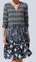 Sommer-Kleid midi langarm Viskose blau-ecru-schwarz Größe 48 NEU M34
