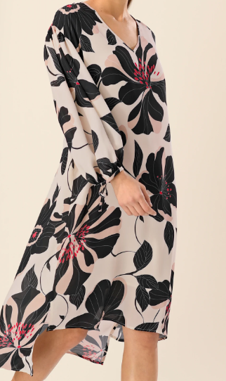 Kleid midi langarm ecru-schwarz-floral V-Ausschnitt Größe 44 NEU B15